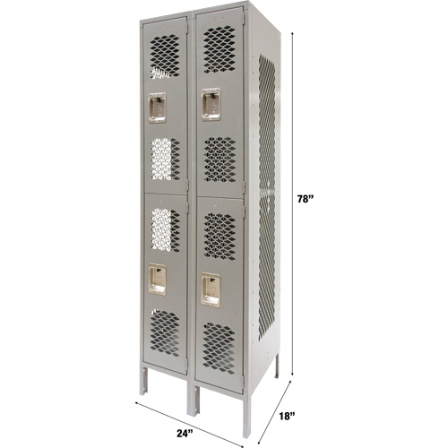 Vented Lockers, 2 -tier, Bank of 2, 24" x 18" x 78", Steel, Grey, Knocked Down, Perforated St. Lawrence Industrial & Safety Supply