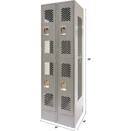 Vented Lockers, 2 -tier, Bank of 2, 24" x 18" x 78", Steel, Grey, Knocked Down, Perforated St. Lawrence Industrial & Safety Supply