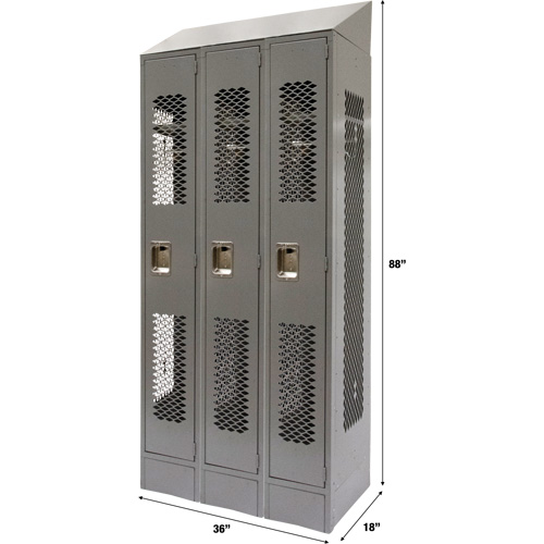 Vented Lockers, Bank of 3, 36" x 18" x 88", Steel, Grey, Knocked Down, Perforated St. Lawrence Industrial & Safety Supply