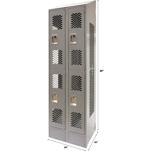 Vented Lockers, 2 -tier, Bank of 2, 24" x 18" x 88", Steel, Grey, Knocked Down, Perforated St. Lawrence Industrial & Safety Supply