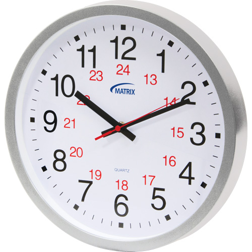 Horloge 12/24 h, Analogique, &agrave; piles, 12", Argent St. Lawrence Industrial & Safety Supply
