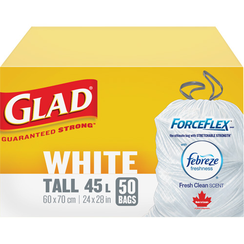 Sacs &agrave; ordures hauts 45 L avec Febreze, R&eacute;gulier, 24" la x 28" lo, Blanc St. Lawrence Industrial & Safety Supply