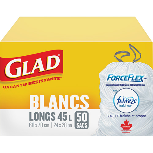 Sacs &agrave; ordures hauts 45 L avec Febreze, R&eacute;gulier, 24" la x 28" lo, Blanc St. Lawrence Industrial & Safety Supply