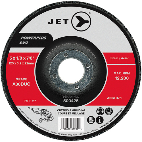 Meule/disque de coupe POWERPLUS DUO, 5" x 1/8", Arbre de 7/8", Type 27, Grain de A30DUO St. Lawrence Industrial & Safety Supply