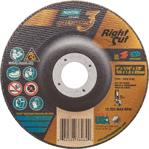 Meule &agrave; tronçonner Quantum3 RightCut, 5" x 1/16", Arbre de 7/8", Type 27/42, C&eacute;ramique d'alumine, 12225 Tr/min St. Lawrence Industrial & Safety Supply