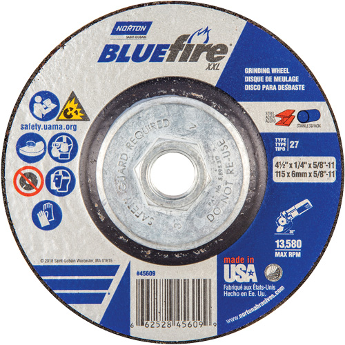 BlueFire&reg; XXL Grinding Wheel, 4-1/2" x 1/4", 5/8" Arbor, Ceramic Alumina, Type 27 St. Lawrence Industrial & Safety Supply