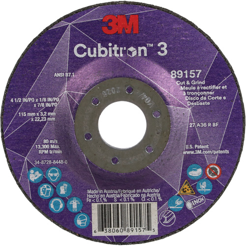 Cubitron 3 Cut and Grind Wheel, 4-1/2" x 1/8", 7/8" Arbor, Type 27, 36 Grit, Ceramic St. Lawrence Industrial & Safety Supply