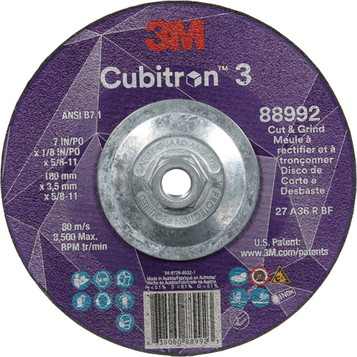 Cubitron 3 Cut and Grind Wheel, 7" x 1/8", 5/8"-11 Arbor, Type 27, 36 Grit, Ceramic St. Lawrence Industrial & Safety Supply