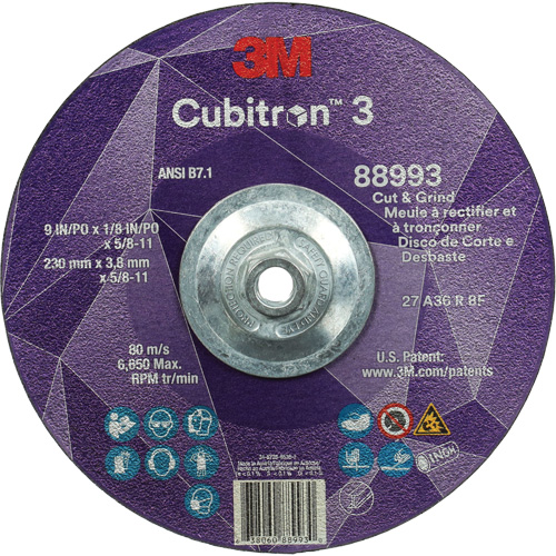 Cubitron 3 Cut and Grind Wheel, 9" x 1/8", 5/8"-11 Arbor, Type 27, 36 Grit, Ceramic St. Lawrence Industrial & Safety Supply
