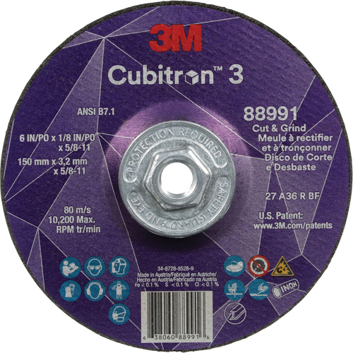 Cubitron 3 Cut and Grind Wheel, 6" x 1/8", 5/8"-11 Arbor, Type 27, 36 Grit, Ceramic St. Lawrence Industrial & Safety Supply