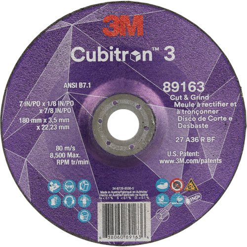 Meule &agrave; rectifier et &agrave; tronçonner Cubitron 3, 7" x 1/8", Arbre de 7/8", Type 27, Grain de 36, C&eacute;ramique St. Lawrence Industrial & Safety Supply