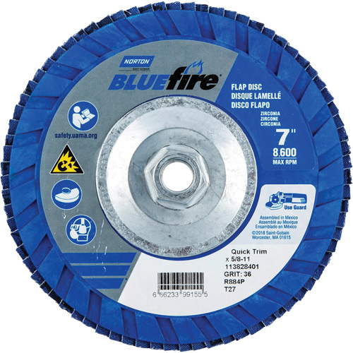 BlueFire&reg; Standard-Density Flap Disc, 7" x 5/8"-11, Type 27, P36 Grit, Zirconia Alumina St. Lawrence Industrial & Safety Supply
