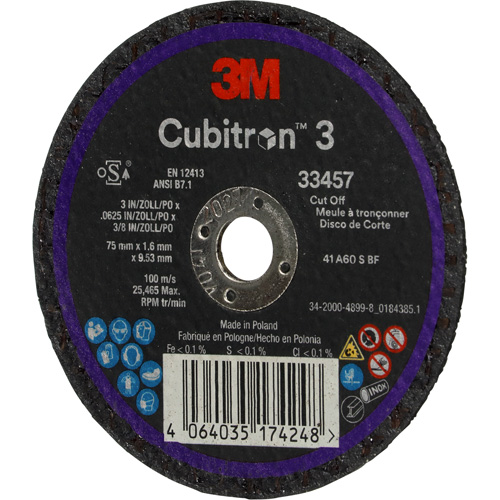 Meule &agrave; tronçonner Cubitron 3, 3" x 0,063", Arbre de 3/8", C&eacute;ramique St. Lawrence Industrial & Safety Supply