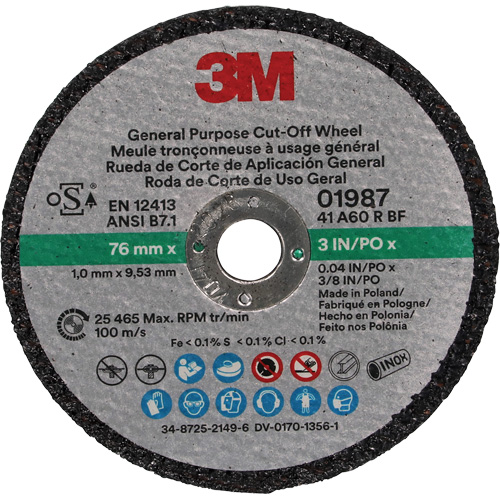 General Purpose Cut-Off Wheel, 01987, 3" x 0.04"/1/32", 3/8" Arbor, Aluminum Oxide St. Lawrence Industrial & Safety Supply