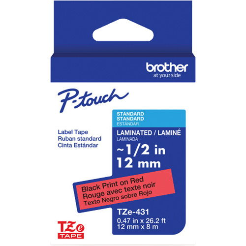 Ruban lamin&eacute; TZe-431 pour &eacute;tiqueteuses P-Touch compatibles avec les rubans TZe, 12 mm x 8 m, Noir/rouge St. Lawrence Industrial & Safety Supply
