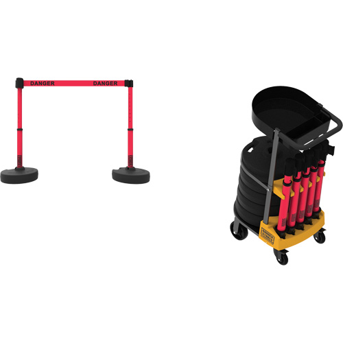 Syst&egrave;me de barri&egrave;re &agrave; chariot portatif avec plateau Plus, 75' lo, M&eacute;tal/Plastique, Rouge St. Lawrence Industrial & Safety Supply