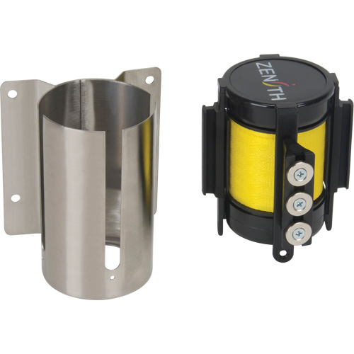 Barri&egrave;re &agrave; fixation murale avec ruban magn&eacute;tique, Acier, Fixation par vis, 12', Ruban Jaune St. Lawrence Industrial & Safety Supply