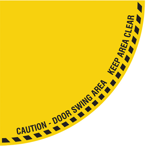 Signalisation au sol ?Caution? (attention) pour porte battante en quart de cercle, Adh&eacute;sif, Anglais avec pictogramme St. Lawrence Industrial & Safety Supply