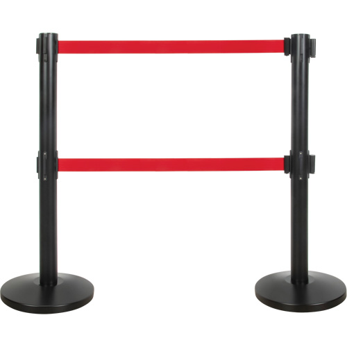 Barri&egrave;re pour le contr&ocirc;le des foules &agrave; courroie double, Acier, 35" h, Ruban Rouge, Longueur du ruban 7' St. Lawrence Industrial & Safety Supply