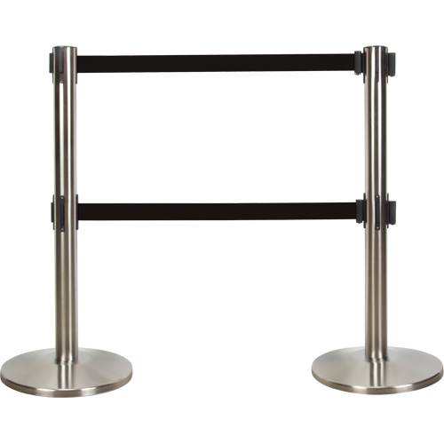 Barri&egrave;re pour le contr&ocirc;le des foules &agrave; courroie double, Acier, 35" h, Ruban Noir, Longueur du ruban 7' St. Lawrence Industrial & Safety Supply