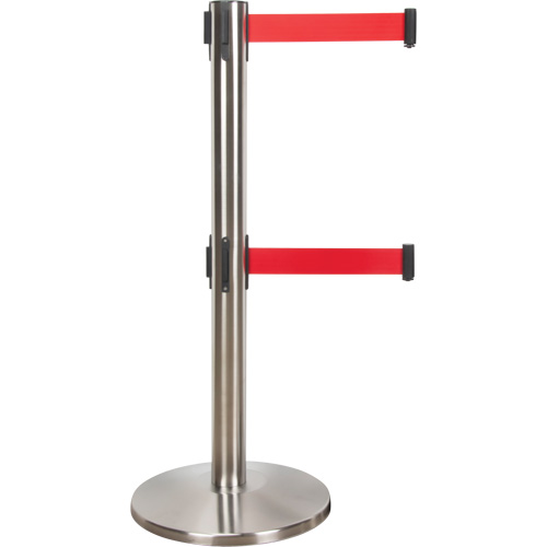 Barri&egrave;re pour le contr&ocirc;le des foules &agrave; courroie double, Acier, 35" h, Ruban Rouge, Longueur du ruban 7' St. Lawrence Industrial & Safety Supply