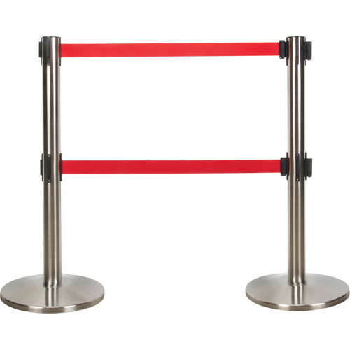 Barri&egrave;re pour le contr&ocirc;le des foules &agrave; courroie double, Acier, 35" h, Ruban Rouge, Longueur du ruban 7' St. Lawrence Industrial & Safety Supply
