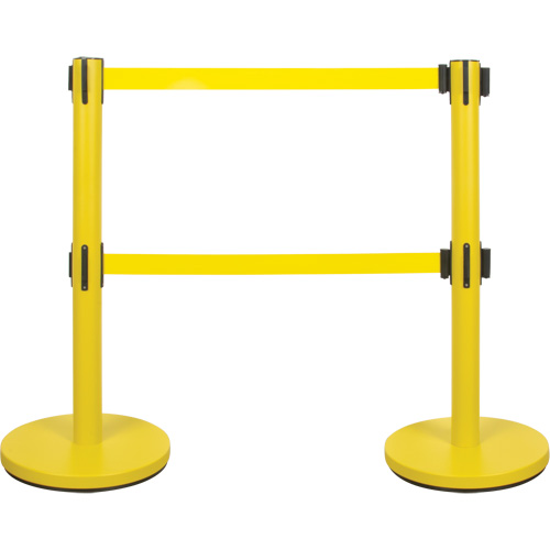Barri&egrave;re pour le contr&ocirc;le des foules &agrave; courroie double, Acier, 35" h, Ruban Jaune, Longueur du ruban 7' St. Lawrence Industrial & Safety Supply