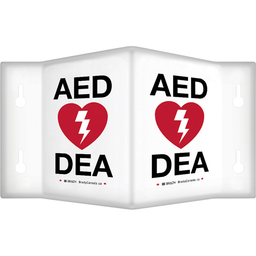 Enseigne &agrave; projection sur 90°  AED/ DEA , 9" x 6", Plastique, Bilingue avec pictogramme St. Lawrence Industrial & Safety Supply