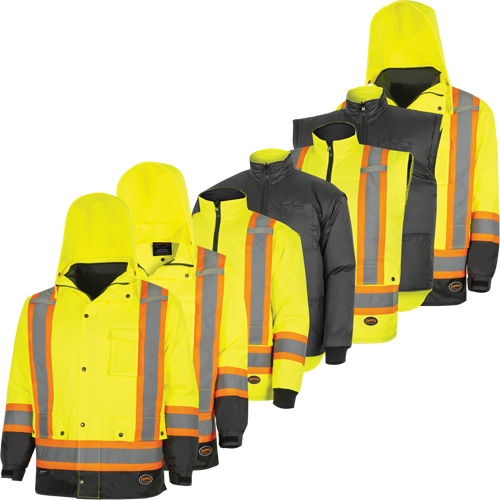 5057 Pioneer&reg; Yukon 7-in-1 Waterproof Winter Safety Parka, Polyester, Black/High Visibility Lime-Yellow, X-Small St. Lawrence Industrial & Safety Supply