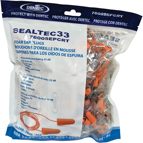 SEALTEC33 Orange Tapered PU Foam Disposable Earplugs, Bulk - Polybag, Corded St. Lawrence Industrial & Safety Supply