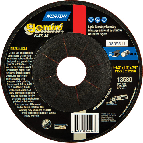 Gemini&reg; Flexible Mini Disc Depressed Centre Wheel, 4-1/2" x 1/8", 7/8" Arbor, Aluminum Oxide, Type 27 St. Lawrence Industrial & Safety Supply
