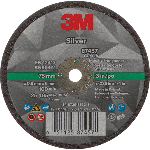 Silver Cut-Off Wheel, 3" x 0.04", 1/4"-28 Arbor, Type 1, Ceramic, 25645 RPM St. Lawrence Industrial & Safety Supply