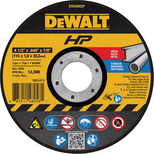 Meule de tronçonnage des m&eacute;taux HP, 4-1/2" x 0,04", Arbre de 7/8", Type 1, Oxyde d'aluminium, 13 300 Tr/min St. Lawrence Industrial & Safety Supply