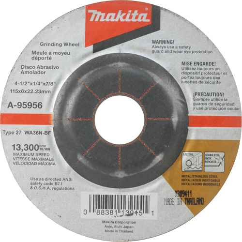 Meule inox, 4-1/2" x 1/4", Arbre 7/8", Oxyde d'aluminium, Type 27 St. Lawrence Industrial & Safety Supply