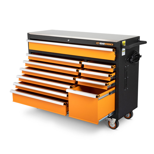 Rolling Tool Cabinet with Stainless Steel Worktop, 11 Drawers, 52" W x 18" D x 36" H, Black/Orange St. Lawrence Industrial & Safety Supply