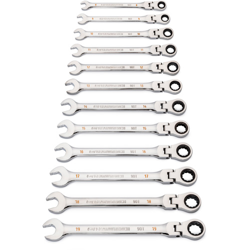 Jeu de cl&eacute;s &agrave; 12 pans et 90 dents, T&ecirc;te articul&eacute;e/Combinaison &agrave; cliquet, 12 morceaux, M&eacute;trique St. Lawrence Industrial & Safety Supply