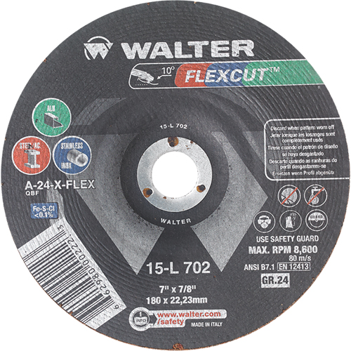 Meules &agrave; moyeu d&eacute;port&eacute; Flexcut, 7", 24 Grain, Oxyde d'aluminium, 7/8", 8600 Tr/min, Type 29 St. Lawrence Industrial & Safety Supply