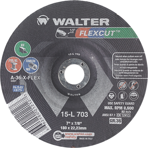 Flexcut Depressed Centre Grinding Wheels, 7", 36 Grit, Aluminum Oxide, 7/8", 8600 RPM, Type 29 St. Lawrence Industrial & Safety Supply