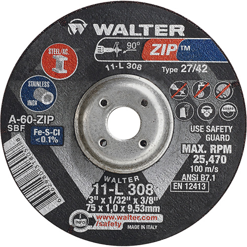 Zip Cutting and Grinding Wheel, 3" x 1/13", 3/8" Arbor, Type 27, 60 Grit, Aluminum Oxide St. Lawrence Industrial & Safety Supply