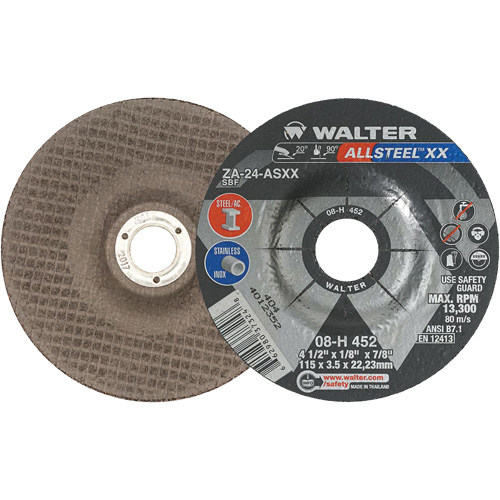 Depressed Centre Grinding Wheels - ALLSTEEL XX, 4-1/2" x 1/8", 7/8" Arbor, Type 27, Zirconia Alumina, 13300 RPM St. Lawrence Industrial & Safety Supply