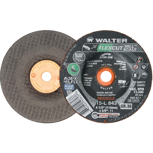 FLEXCUT MILL SCALE Grinding Wheel, 4-1/2", 36 Grit, Aluminum Oxide, 5/8"-11, 13300 RPM, Type 29 St. Lawrence Industrial & Safety Supply