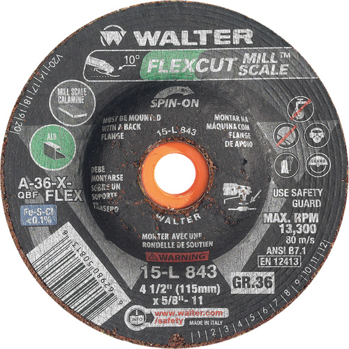 FLEXCUT MILL SCALE Grinding Wheel, 4-1/2", 36 Grit, Aluminum Oxide, 5/8"-11, 13300 RPM, Type 29 St. Lawrence Industrial & Safety Supply