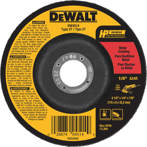 Meule pour m&eacute;taux haut rendement, 4-1/2" x 1/4", Arbre 7/8", Oxyde d'aluminium, Type 27 St. Lawrence Industrial & Safety Supply