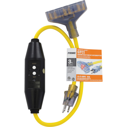 Shocksafe&reg; GFCI Triple Tap Adapter, 125 V, 15 A, 3' Cord St. Lawrence Industrial & Safety Supply
