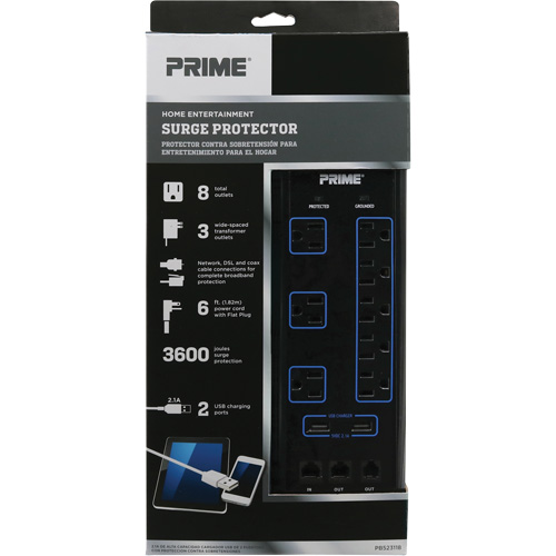 Limiteurs de surtension avec chargeur USB, 8 Prises, 3600 J, 1875 W, Cordon 6' St. Lawrence Industrial & Safety Supply