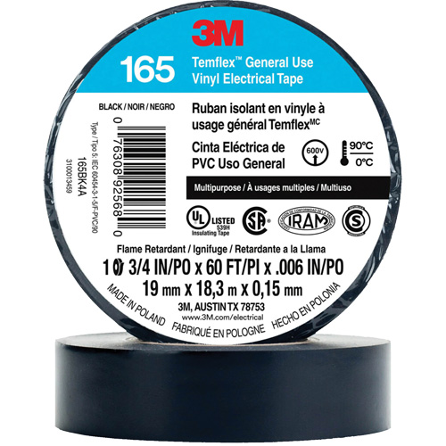 Temflex General Use Vinyl Electrical Tape 165, 19 mm (3/4") x 18 M (60'), Black, 6 mils St. Lawrence Industrial & Safety Supply
