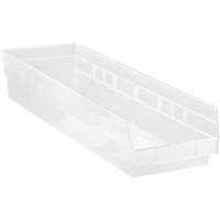 Shelf Bins, 6-5/8" W x 4" H x 23-5/8" D, Clear, 50 lbs. Capacity St. Lawrence Industrial & Safety Supply