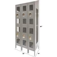Vented Lockers, 2 -tier, Bank of 3, 36" x 18" x 88", Steel, Grey, Knocked Down, Perforated St. Lawrence Industrial & Safety Supply