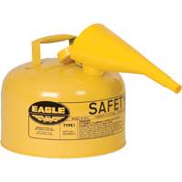 Bidon de s&eacute;curit&eacute; pour le diesel avec entonnoir, Type I, Acier galvanis&eacute;, 2,5 gal. US, Jaune, Homologu&eacute; FM/List&eacute; UL/ULC St. Lawrence Industrial & Safety Supply