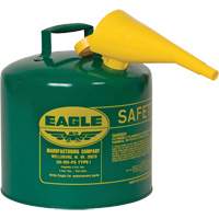 Bidon de s&eacute;curit&eacute; pour les combustibles avec entonnoir, Type I, Acier galvanis&eacute;, 5 gal. US, Vert, Homologu&eacute; FM/List&eacute; UL/ULC St. Lawrence Industrial & Safety Supply